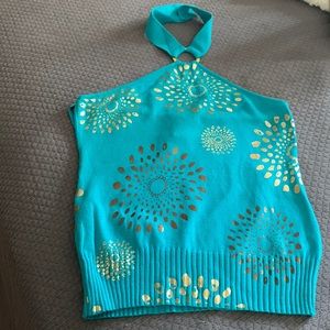 New York and Company halter.  Actual color is turquoise w/ light & dark gold